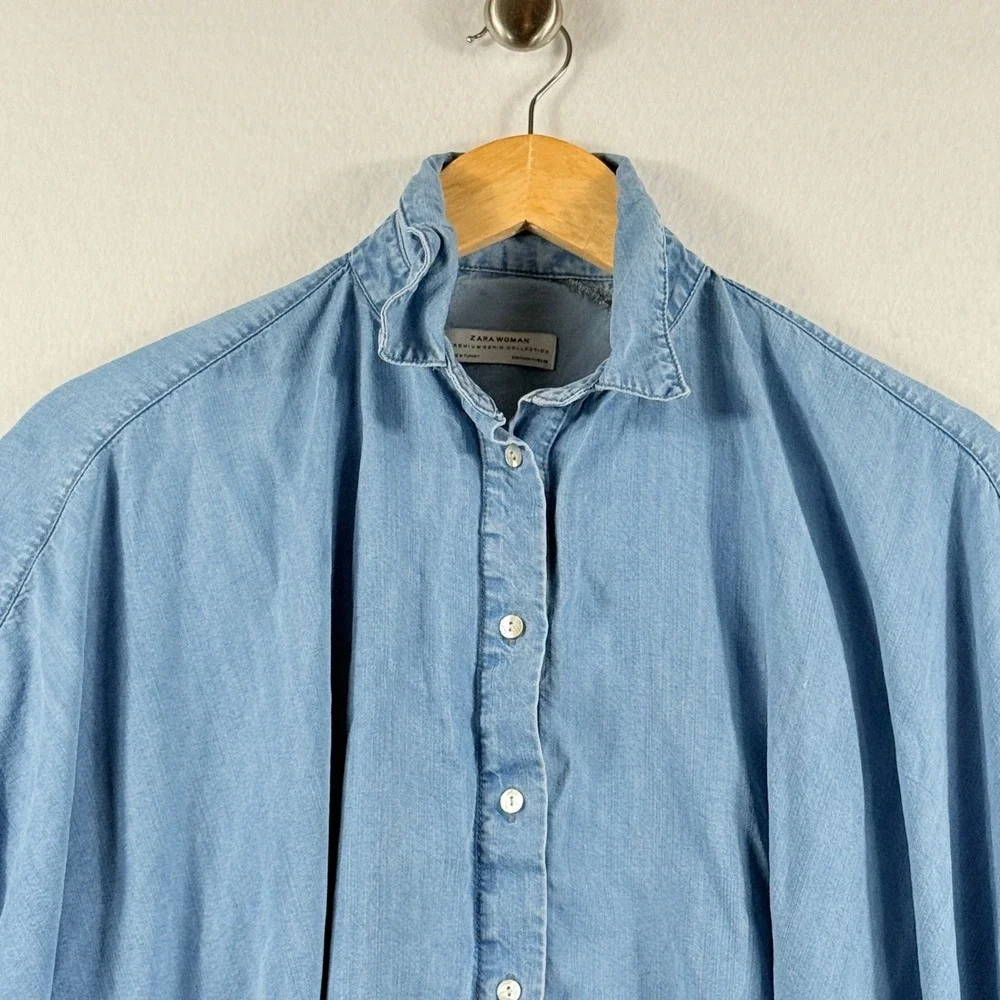 Zara Ruffle Denim Top Womens Medium Blue Oversized Boho Coastal Cape Blouse